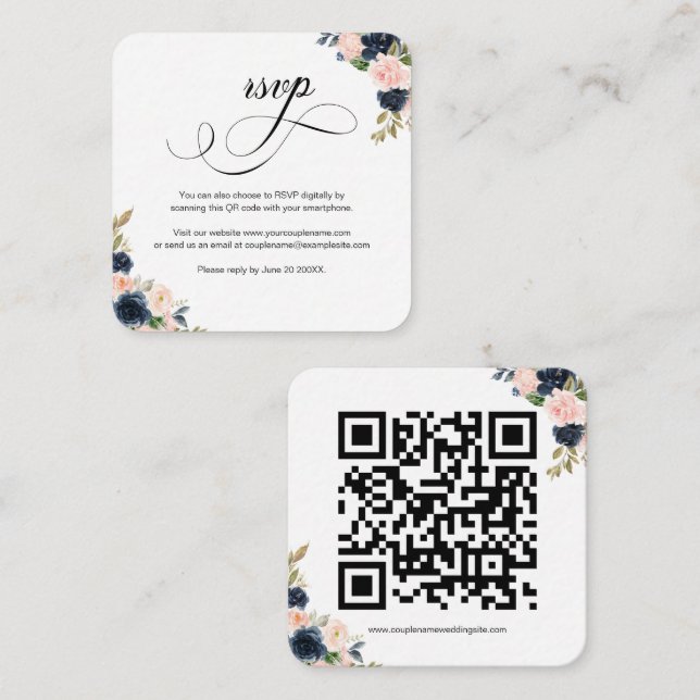 Recepción Tarjeta RSVP de matrimonio con código QR floral ro (Anverso / Reverso)