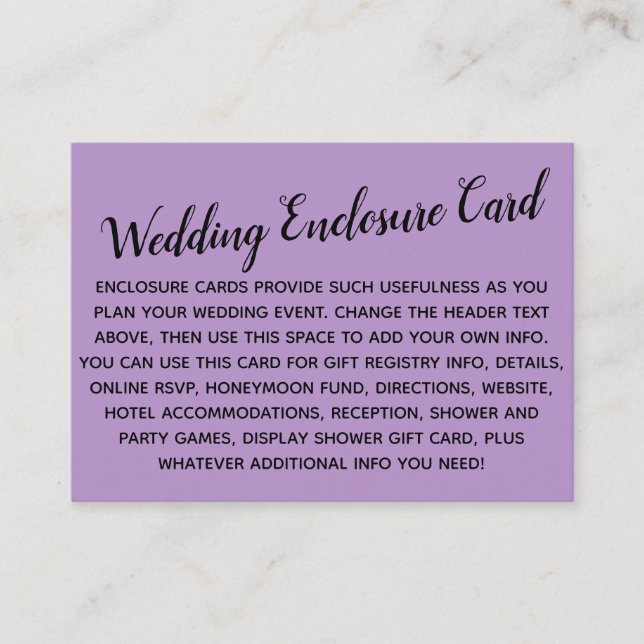 Recepción Versátil Tarjeta de Encierre de Boda Morado Claro  (Anverso)