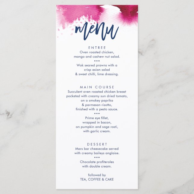 RECEPTION WEDDING MENU cute navy pink watercolor (Anverso)