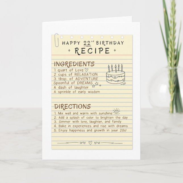 Receta de Alegría: Tarjeta de cumpleaños número 22 (Anverso)