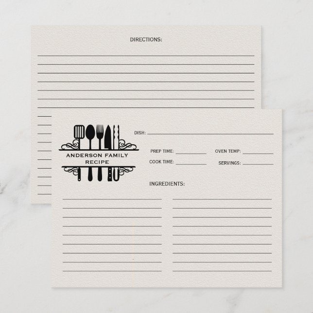 Receta de Monograma de Utensilios de cocina negra (Anverso / Reverso)