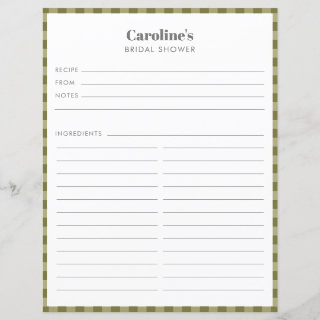 Receta de Olive Green Plaid Página Personalizado B (Anverso)