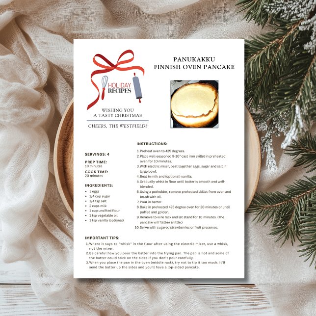Receta de vacaciones Tarjeta de Navidades de panqu (Holiday Recipes Panukakku Finnish Oven Pancake Christmas Card 5x7)