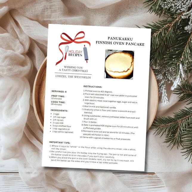 Receta de vacaciones Tarjeta de Navidades de panqu (Holiday Recipes Panukakku Finnish Oven Pancake Christmas Card)