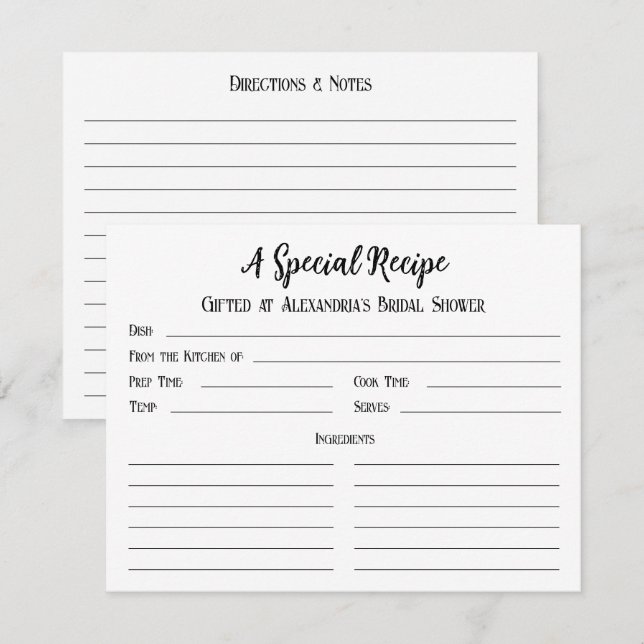 Receta especial para la tarjeta de regalo de ducha (Anverso / Reverso)