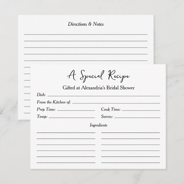 Receta especial para la tarjeta de regalo de ducha (Anverso / Reverso)