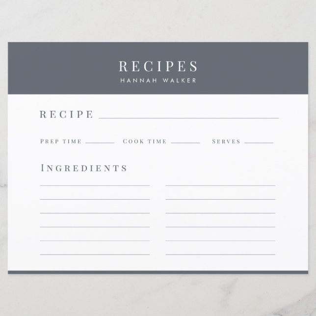 Recetas | Elegante Tarjeta de Receta Gris de Moda (Anverso)