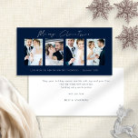 Recién casados 4 fotos Marina Feliz Navidad<br><div class="desc">Recién casados 4 Fotos White Script Navy Blue Merry Christmas. Disponible digitalmente e impreso. Moderno y minimalista,  con un elegante guión para Feliz Navidad. Reemplace las imágenes de ejemplo con sus propios favoritos de boda y personalice el resto de las palabras de cada lado según sea necesario.</div>