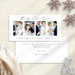 Recién casados 4 fotos Navidad Blanca Feliz<br><div class="desc">Recién casados 4 Fotos White Script White Merry Christmas. Disponible digitalmente e impreso. Moderno y minimalista,  con un elegante guión para Feliz Navidad. Reemplace las imágenes de ejemplo con sus propios favoritos de boda y personalice el resto de las palabras de cada lado según sea necesario.</div>
