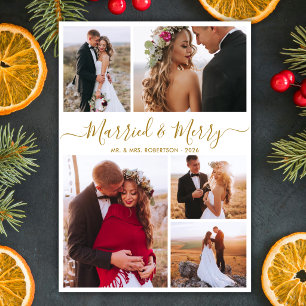 Recién casados y felices Tarjeta de Navidad con 5 