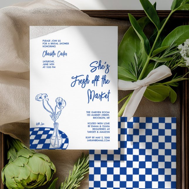 Recién Salido Del Mercado Invitación de Despedida  (Fresh Off The Market Bridal Shower Hand Drawn Invitation)