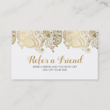 Elegante tarjeta de referencia de encaje dorado y 
