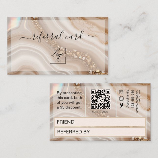 Recomendación Tarjeta de Referencia con Código Qr Beige y Dorado (Anverso / Reverso)