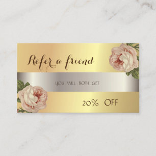 Recomendación Tarjeta de Referencia Elegante, Dorada, Rosas