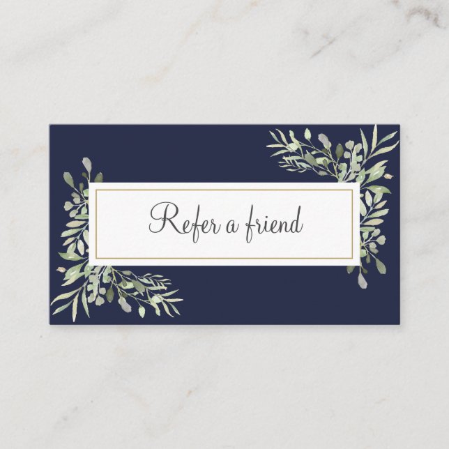 Recomendación Tarjeta de Referido de Clientes Navy Blue Greenery (Anverso)