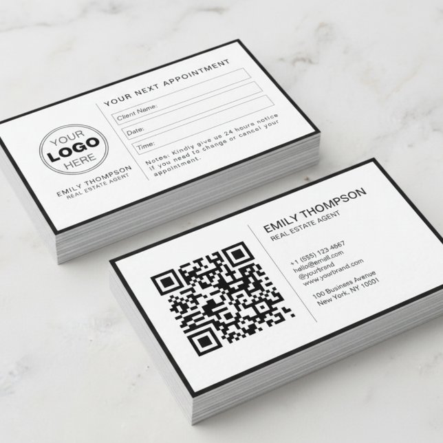 Recordatorio de Cita Código QR Blanco Negro Modern (Minimalist QR Code Appointment Reminder Business Card)