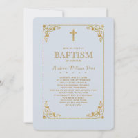 Recortado en invitación religiosa azul de oro