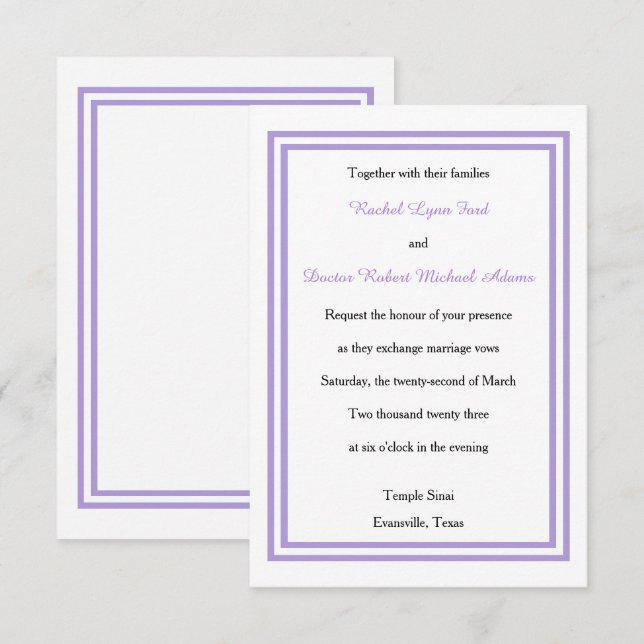 Recorte de lavanda doble - Invitación a la boda 3x (Anverso / Reverso)