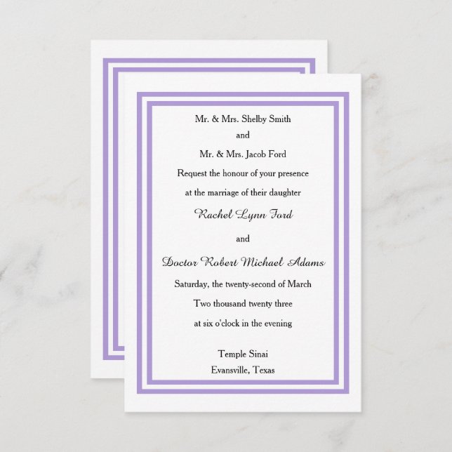 Recorte de lavanda doble - Invitación a la boda 3x (Anverso / Reverso)