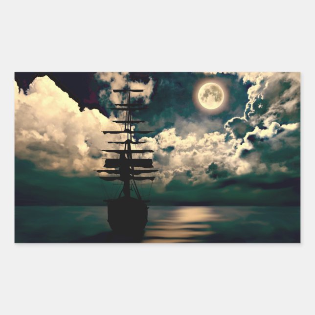 Rectangular Barco con luna llena pegatina (Anverso)