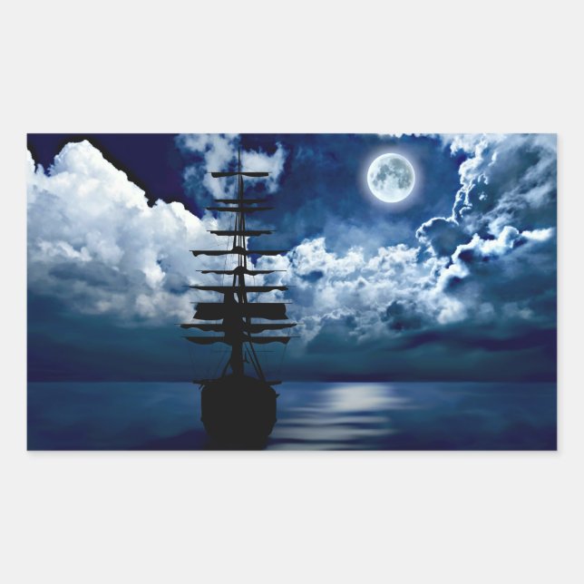 Rectangular Barco con luna llena pegatina (Anverso)