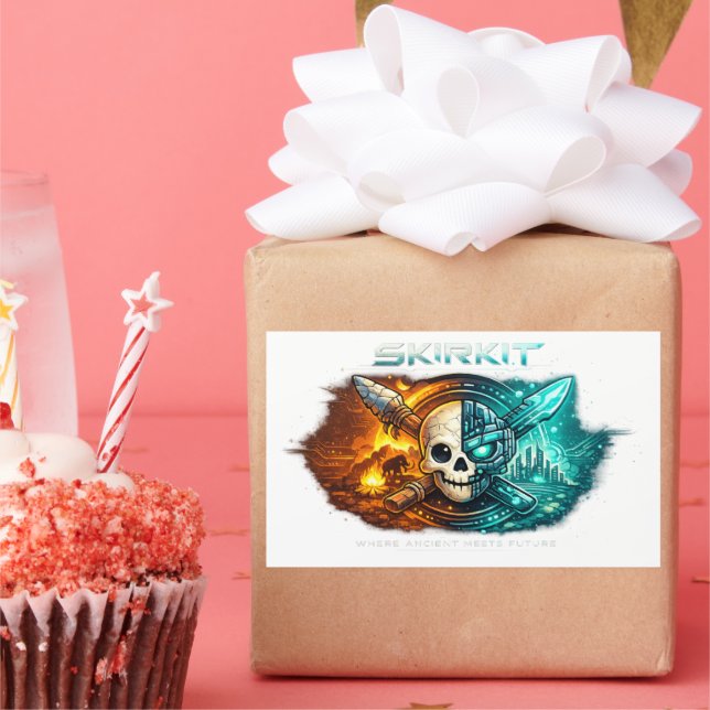 Rectangular Calavera Cibernética Antigua vs Futura Pegatina |  (Fiesta)