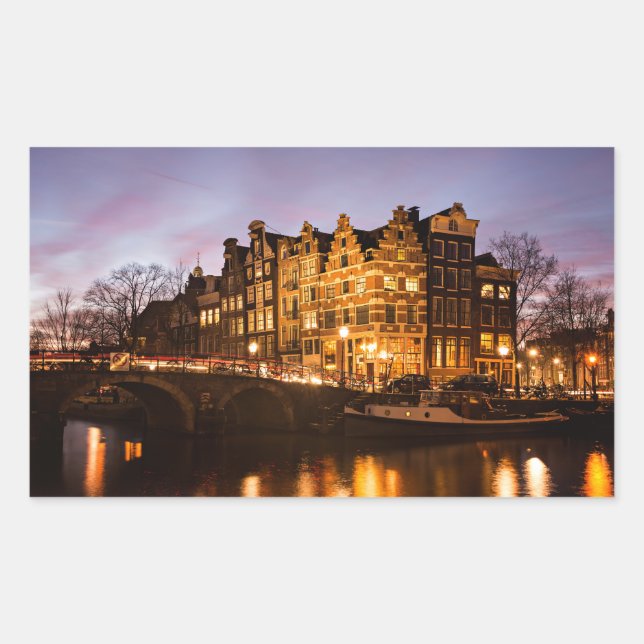 Rectangular Casas del canal de Amsterdam en el pegatina rectan (Anverso)