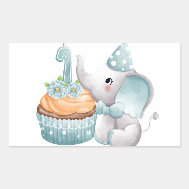 Rectangular Elefante de primer cumpleaños niño Pegatina azul (Anverso)