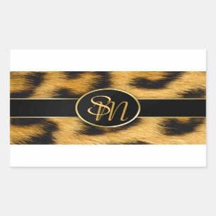 Rectangular Elegante Leopard Print Monograma Script - Pegatina