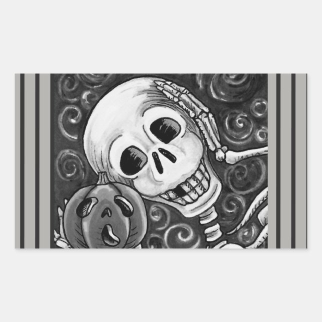 RECTANGULAR ESCUCHE SU PUMPKIN, PEGATINA DE HALLOWEEN SKELETON (Anverso)