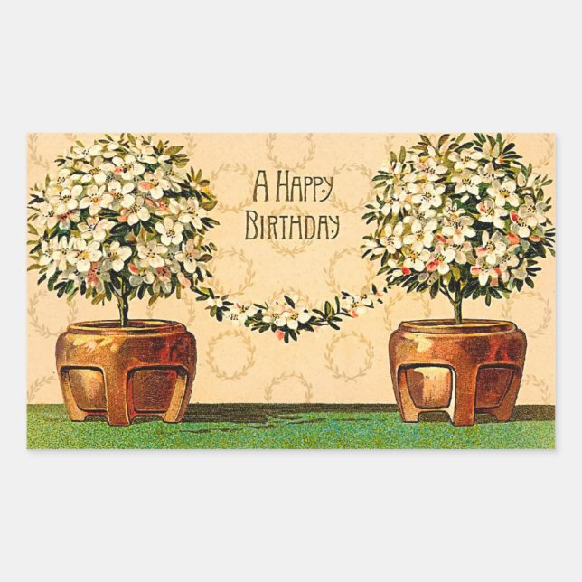 Rectangular Feliz cumpleaños, Pegatina de ollas de flores vint (Anverso)