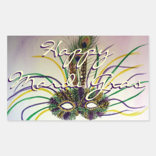 Rectangular Feliz Mardi Gras Bead Throws Feather Mask Pegatina