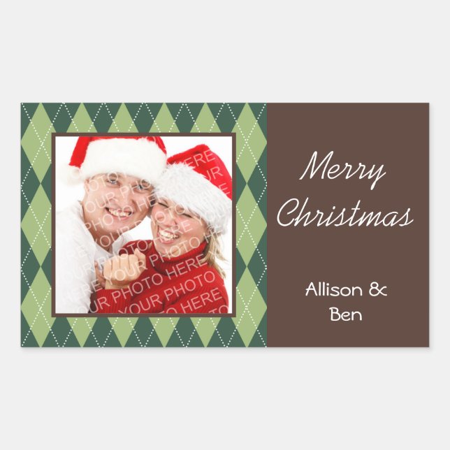 Rectangular Foto argyle verde Feliz Navidad gran pegatina (Anverso)