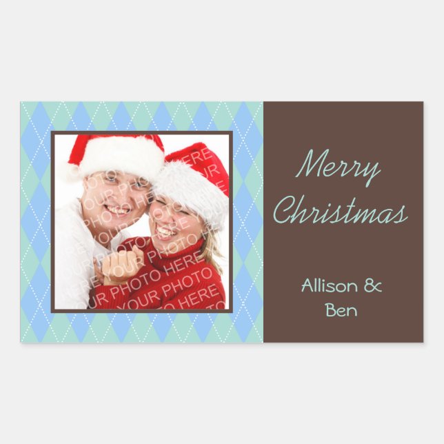 Rectangular Foto azul argyle Feliz Navidad gran pegatina (Anverso)