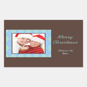 Rectangular Foto azul argyle Feliz Navidad gran pegatina