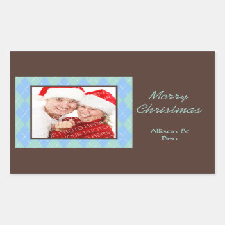 Rectangular Foto azul argyle Feliz Navidad gran pegatina