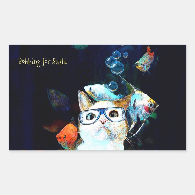 Rectangular Gato Pescado Sushi Humor Gracioso Pegatina Rectáng (Anverso)