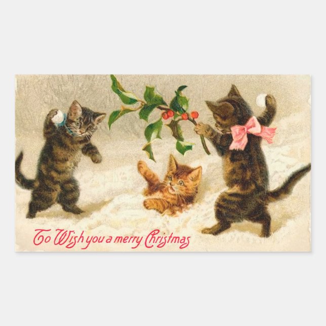 Rectangular Gatos jugando en la nieve Pegatina de Navidad Vint (Anverso)
