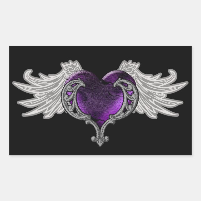 Rectangular Gótico Corazón morado con Ángel Alas Pegatina (Anverso)