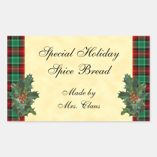 Rectangular Holly Green Red Plaid Holiday Baking Pegatina (Anverso)