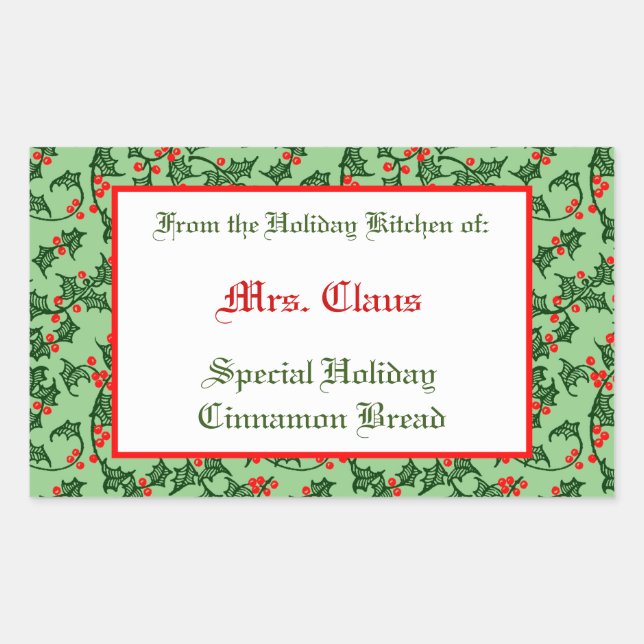 Rectangular Holly y Berries editable Baking Pegatina sobre sab (Anverso)