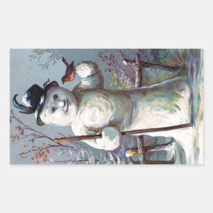 Rectangular Hombre de nieve con Pegatina de cosecha de pájaro 