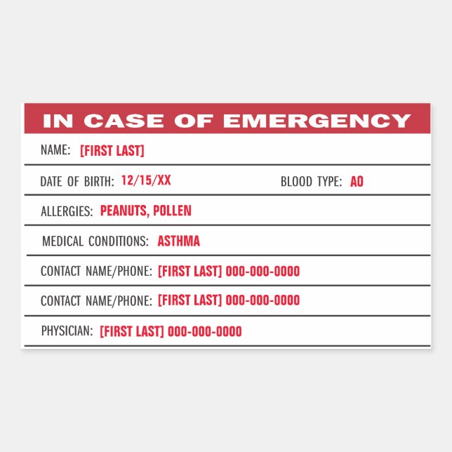 Rectangular Información de emergencia añada Pegatina de texto (Anverso)
