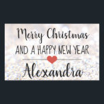 Rectangular Merry Christmas purpurina nombre pegatina<br><div class="desc">Elegante "Feliz Navidad y un feliz Año Nuevo" rectángulo en forma de palo con un tipo de letra negro sobre un fondo purpurina plateado adornado con un lindo corazón rojo. Texto personalizado.</div>