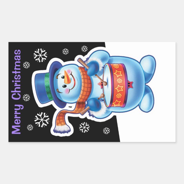 Rectangular Navidades pegatina rectángulo negro Snowman bateri (Anverso)