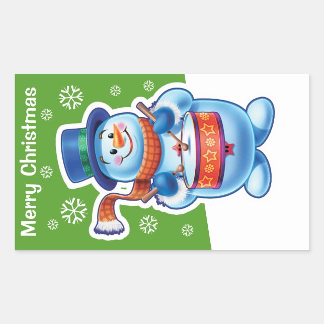Rectangular Navidades pegatina rectángulo verde Snowman bateri (Anverso)
