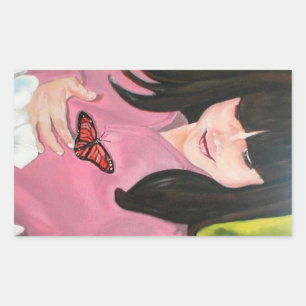 Rectangular Niña pequeña y su pegatina mariposa