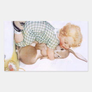 Rectangular Pegatina Antiguo Adorable conejo Bunny abrazos