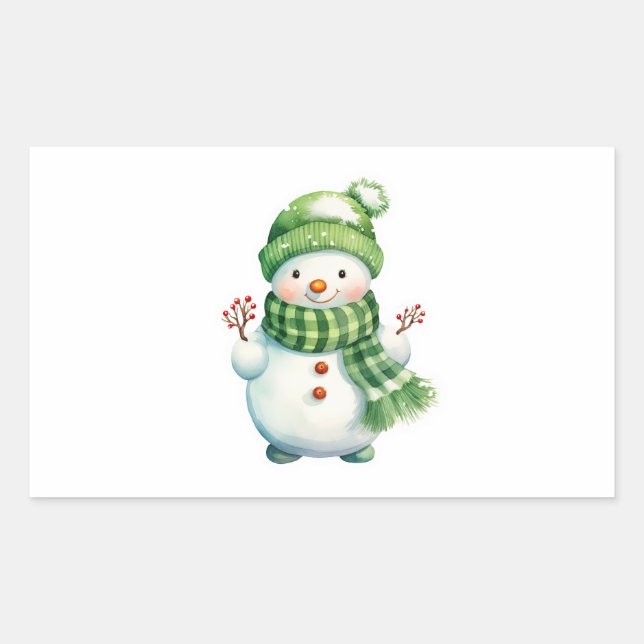 Rectangular Pegatina con un lindo hombre de nieve (Anverso)