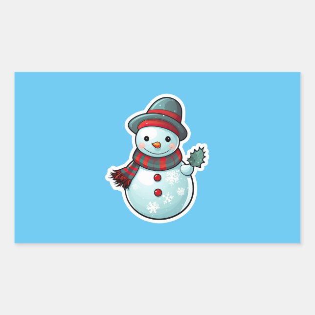 Rectangular Pegatina con un lindo hombre de nieve sosteniendo  (Anverso)